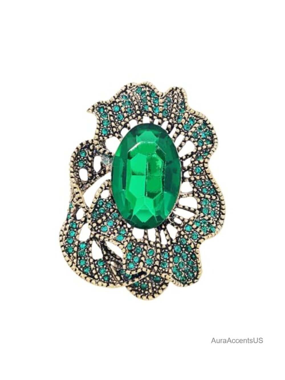Antique Gold Tone Filigree Flower Brooch Large Oval Crystal Statement Pin